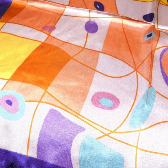 Vintage Scarf 19" Square Satin purple orange abstract print neckerchief retro - Picture 2 of 6